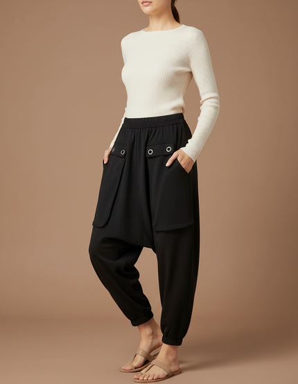 Pantalon Parachute Noir Fluide Ample Décontracté Oeillets - Polyester