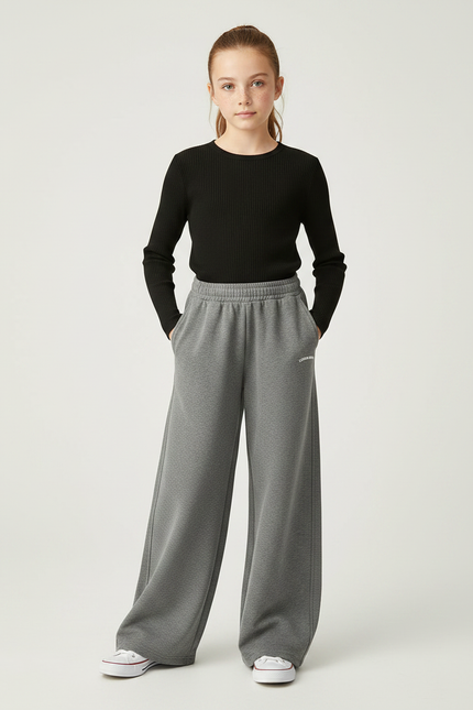 Pantalon Parachute Gris Ample Enfant Polaire Hiver - Molleton