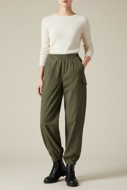 Pantalon Parachute Vert Kaki Ample Décontracté Élastique - Polyester