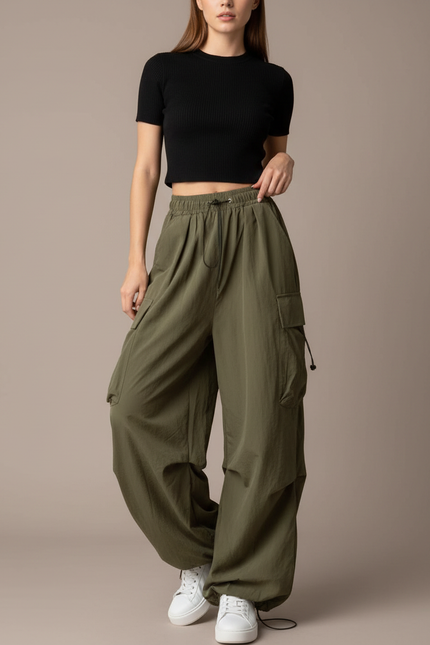Pantalon Parachute Kaki Ample Cargo Femme Fluide - Polyester