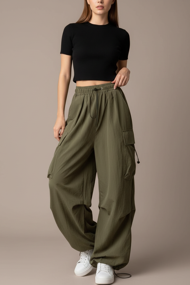 Pantalon Parachute Kaki Ample Cargo Femme Fluide - Polyester