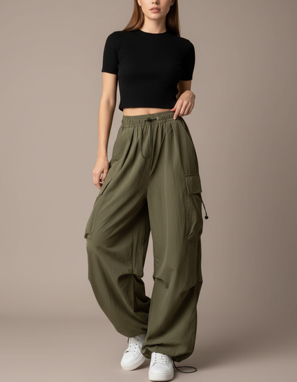 Pantalon Parachute Kaki Ample Cargo Femme Fluide - Polyester