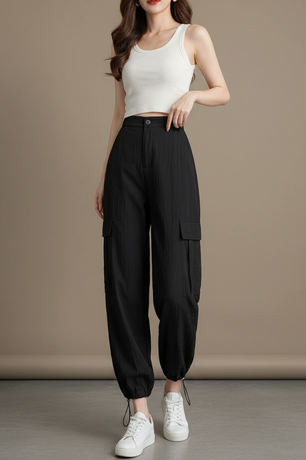Pantalon Parachute Noir Ample Fluide Cargo Femme - Viscose