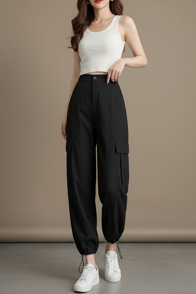Pantalon Parachute Noir Ample Fluide Cargo Femme - Viscose