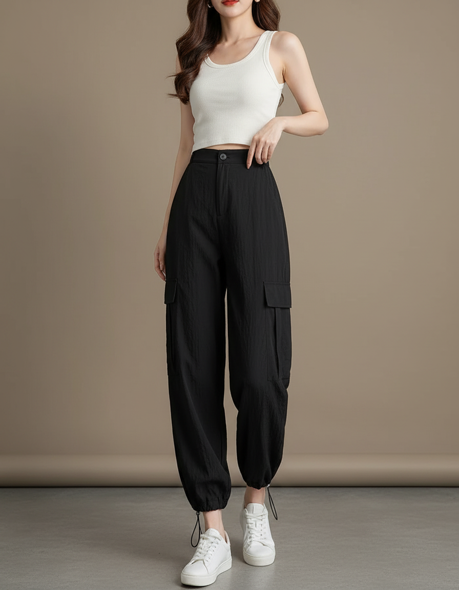 Pantalon Parachute Noir Ample Fluide Cargo Femme - Viscose