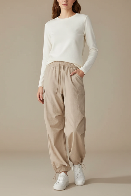 Pantalon Parachute Beige Ample Cargo Léger Femme - Polyester