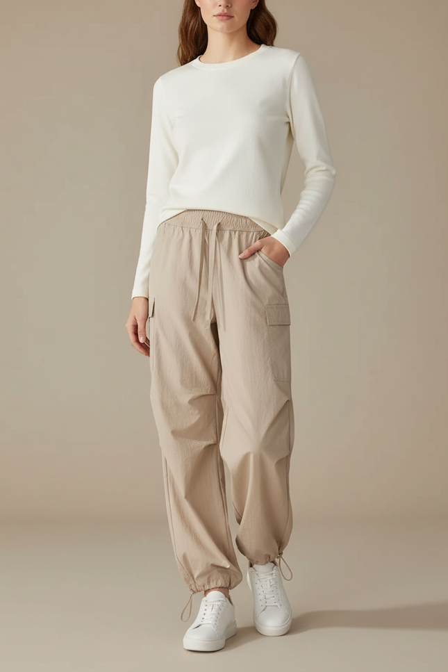 Pantalon Parachute Beige Ample Cargo Léger Femme - Polyester