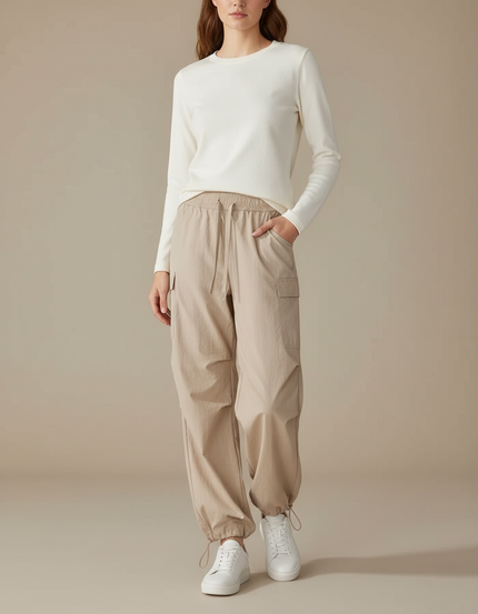 Pantalon Parachute Beige Ample Cargo Léger Femme - Polyester