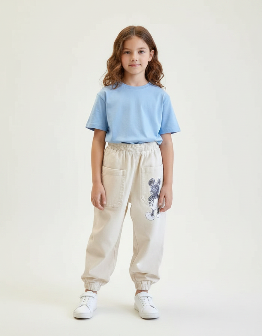 Pantalon Parachute Beige Coton Mickey Enfant Décontracté Ample