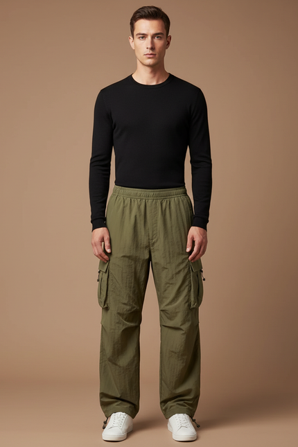 Pantalon Parachute Kaki Cargo Ample Léger Homme - Polyester