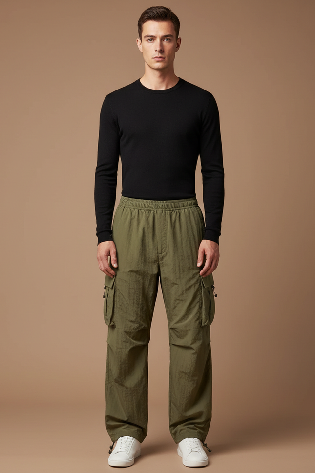 Pantalon Parachute Kaki Cargo Ample Léger Homme - Polyester