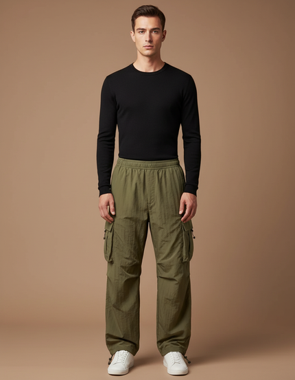 Pantalon Parachute Kaki Cargo Ample Léger Homme - Polyester