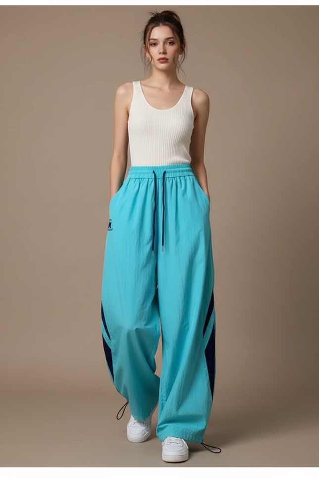Pantalon Parachute Bleu Ample Sport Femme Fluide - Polyester
