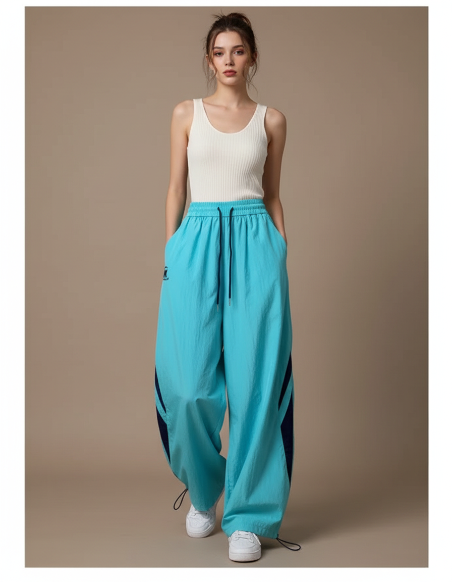 Pantalon Parachute Bleu Ample Sport Femme Fluide - Polyester