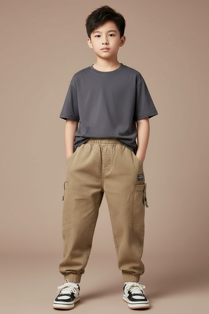 Pantalon Parachute Kaki Cargo Coton Ample Garçon