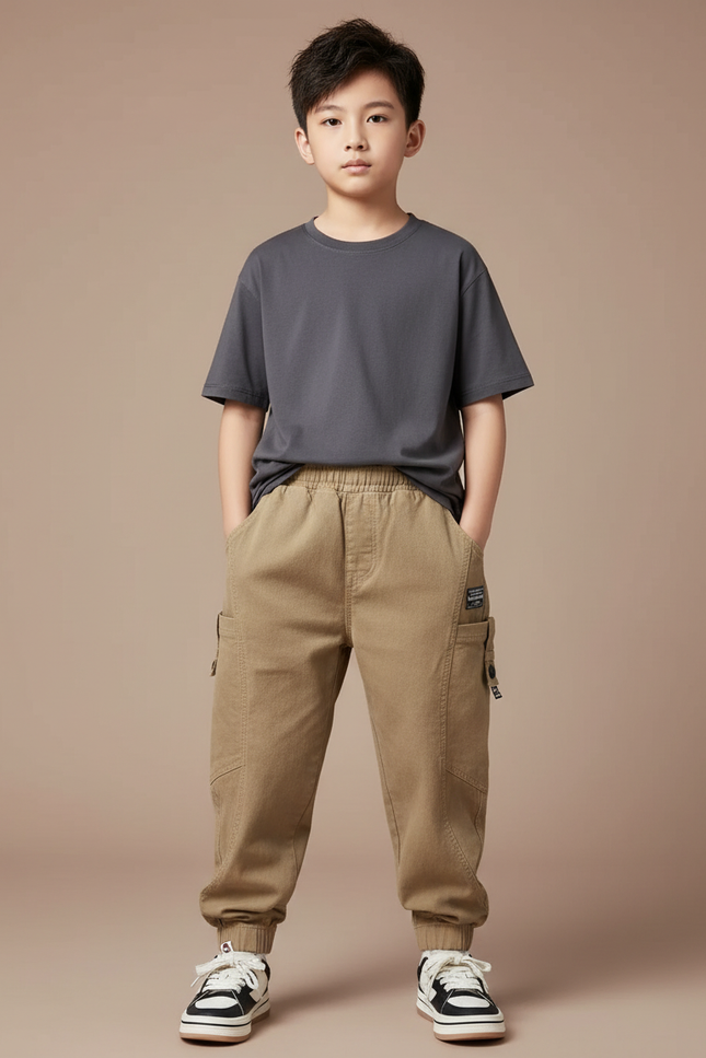 Pantalon Parachute Kaki Cargo Coton Ample Garçon