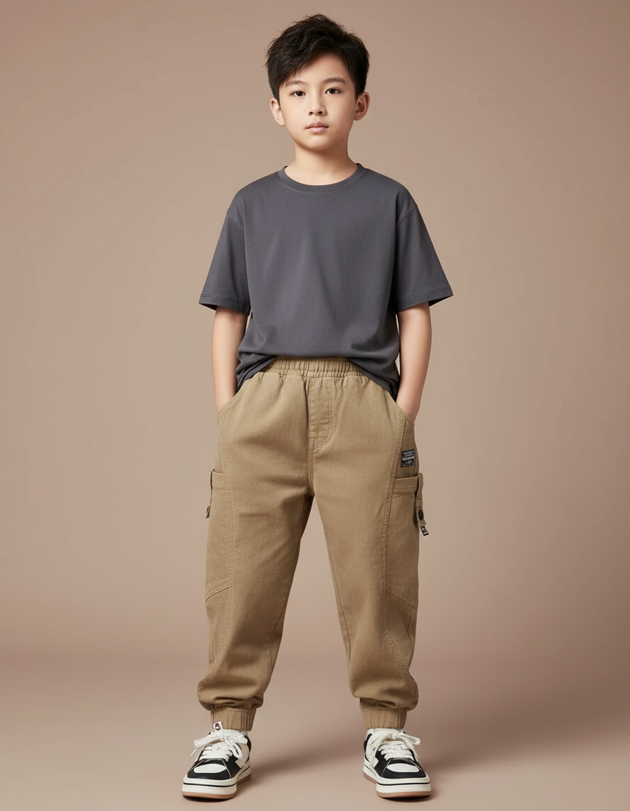Pantalon Parachute Kaki Cargo Coton Ample Garçon