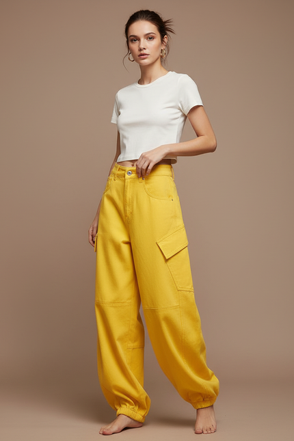 Pantalon Parachute Jaune Cargo Ample Femme - Toile