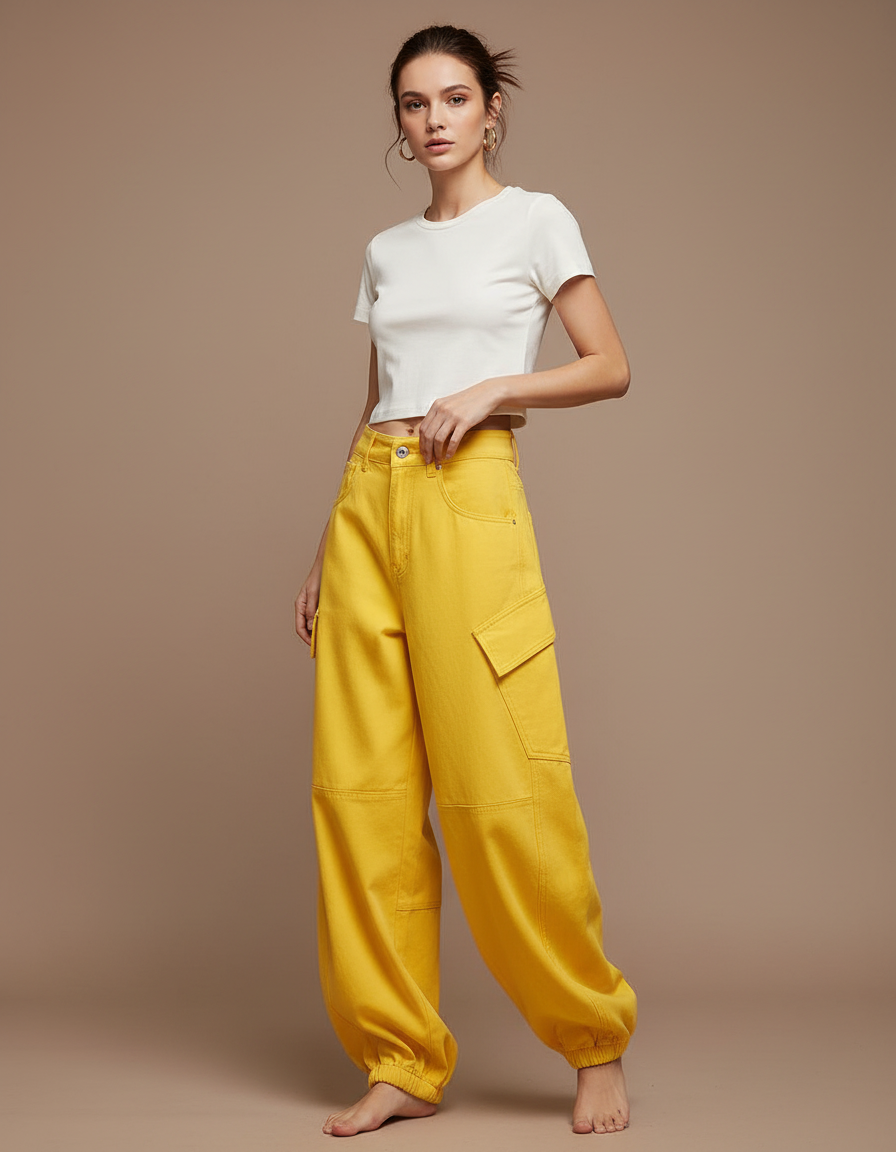 Pantalon Parachute Jaune Cargo Ample Femme - Toile