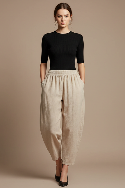 Pantalon Parachute Beige Lin Ample Taille Élastique