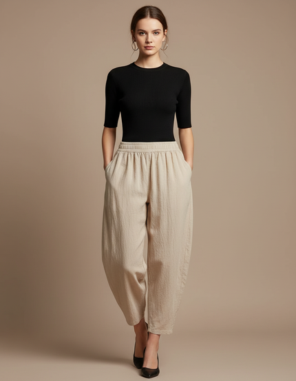 Pantalon Parachute Beige Lin Ample Taille Élastique