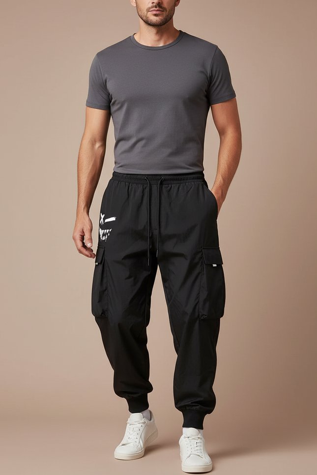 Pantalon Parachute Noir Cargo Ample Sportif Homme - Polyester