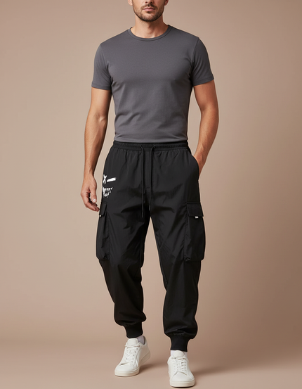 Pantalon Parachute Noir Cargo Ample Sportif Homme - Polyester