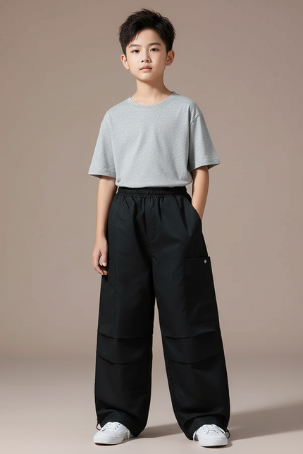 Pantalon Parachute Noir Cargo Ample Enfant Moderne - Polyester