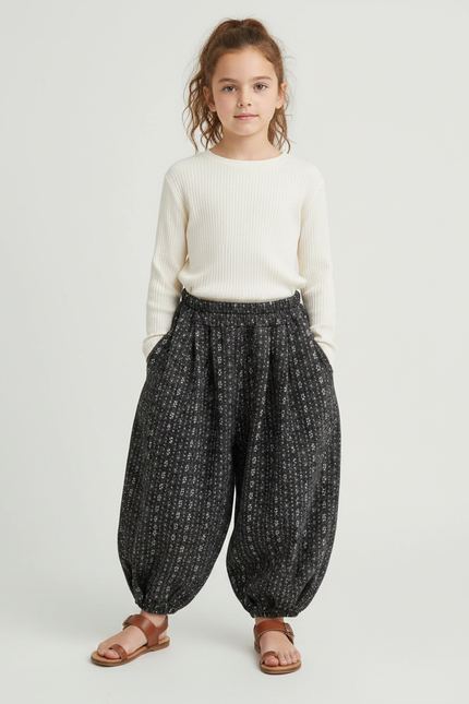 Pantalon Parachute Noir Ample Imprimé Floral Enfant - Laine
