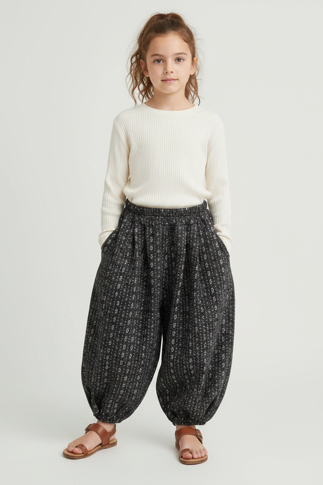 Pantalon Parachute Noir Ample Imprimé Floral Enfant - Laine