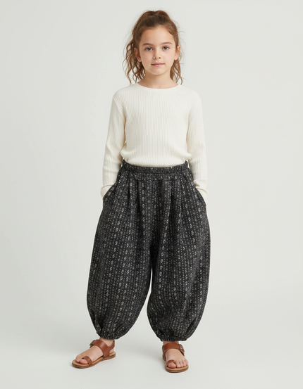 Pantalon Parachute Noir Ample Imprimé Floral Enfant - Laine