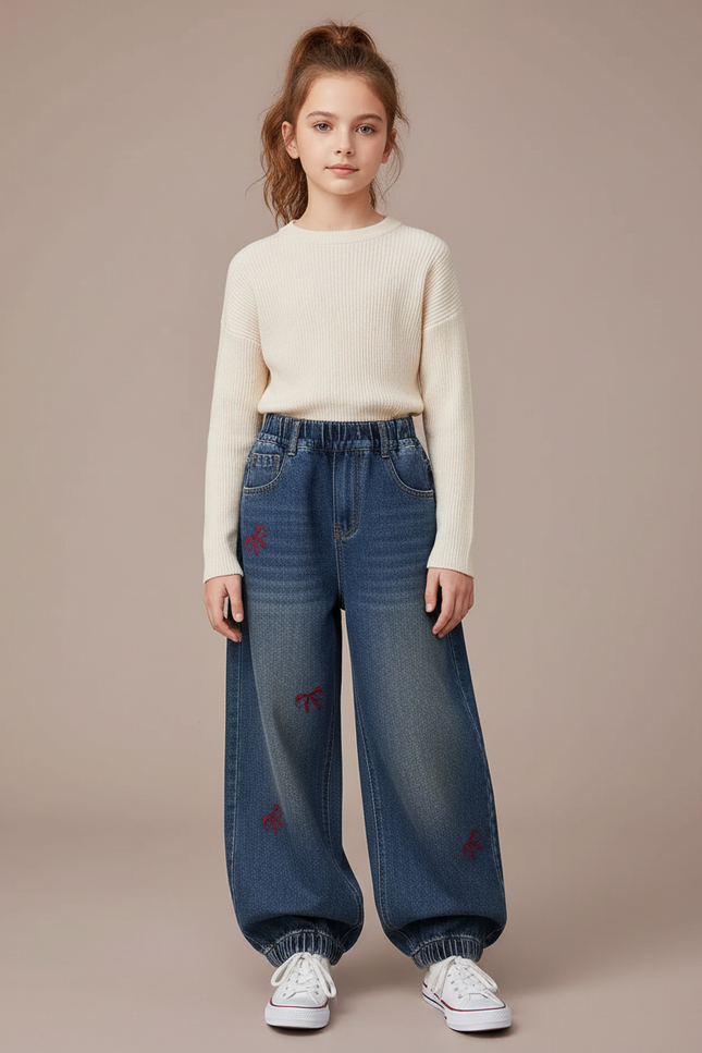 Pantalon Parachute Denim Ample Brodé Nœuds Fille - Bleu Jean