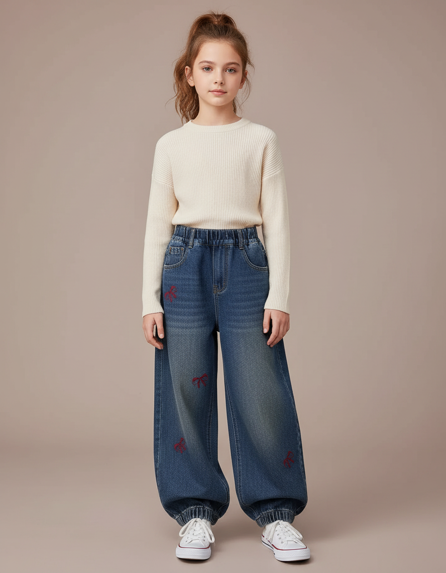 Pantalon Parachute Denim Ample Brodé Nœuds Fille - Bleu Jean