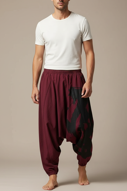 Pantalon Parachute Bordeaux Ample Coton Imprimé Ethnique