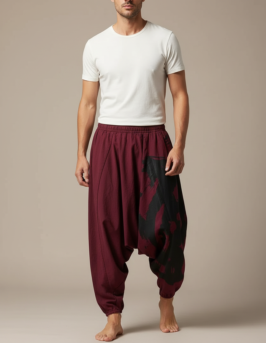 Pantalon Parachute Bordeaux Ample Coton Imprimé Ethnique