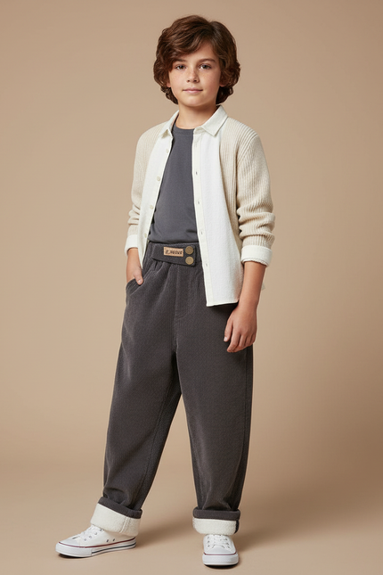 Pantalon Parachute Côtelé Gris Ample Décontracté Enfant - Cordé