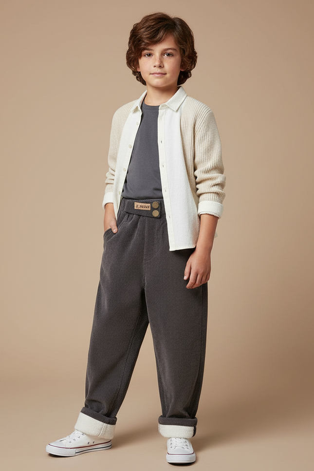 Pantalon Parachute Côtelé Gris Ample Décontracté Enfant - Cordé