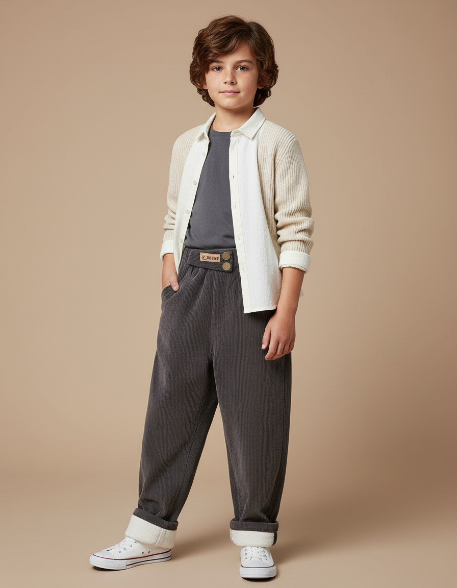 Pantalon Parachute Côtelé Gris Ample Décontracté Enfant - Cordé