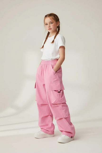 Pantalon Parachute Rose Baggy Cargo Enfant Streetwear - Polyester