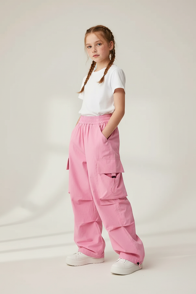 Pantalon Parachute Rose Baggy Cargo Enfant Streetwear - Polyester