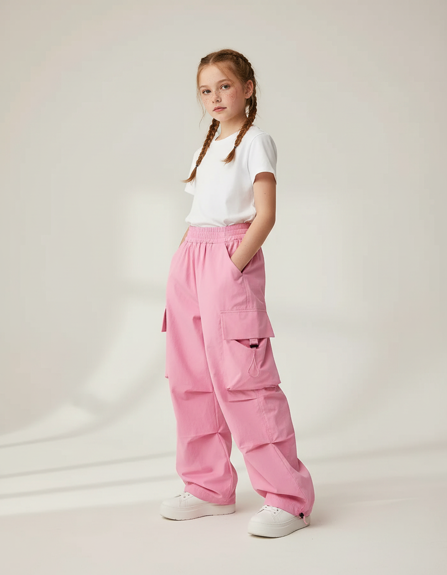Pantalon Parachute Rose Baggy Cargo Enfant Streetwear - Polyester