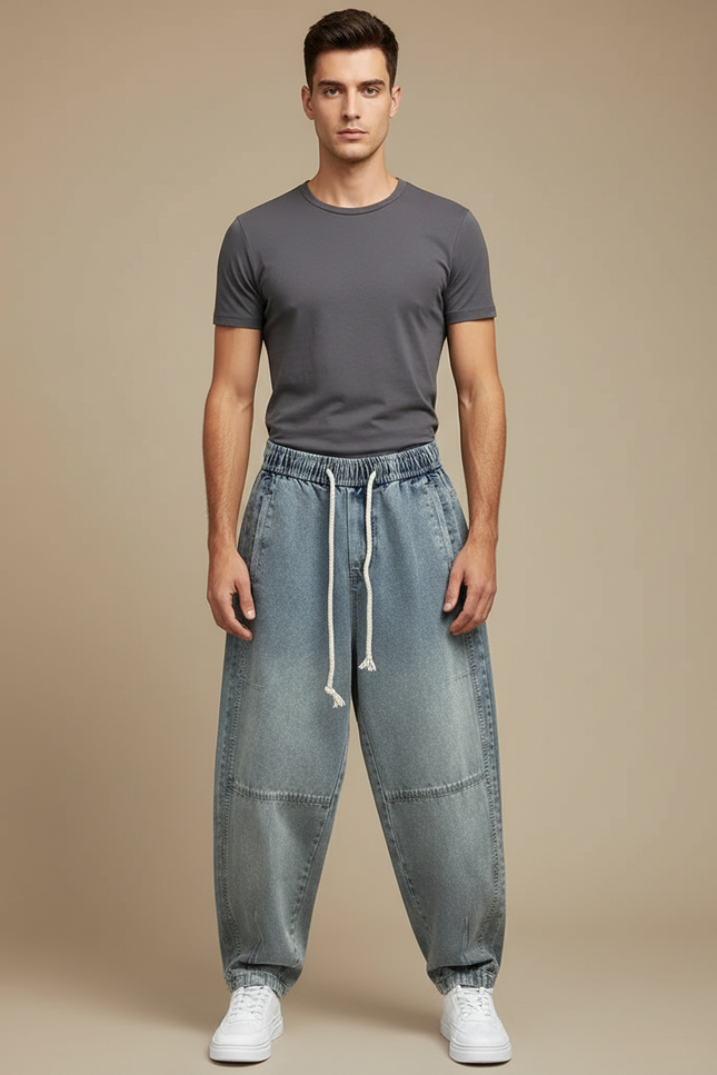 Pantalon Parachute Denim Ample Décontracté Homme Cordon - Bleu Jean