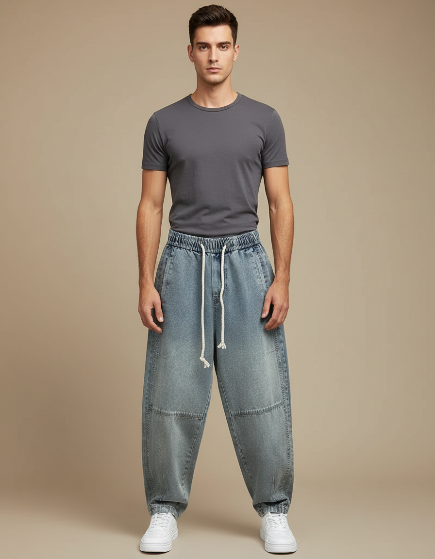 Pantalon Parachute Denim Ample Décontracté Homme Cordon - Bleu Jean
