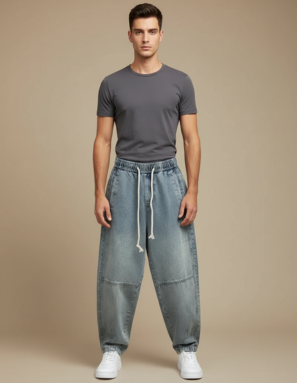 Pantalon Parachute Denim Ample Décontracté Homme Cordon - Bleu Jean