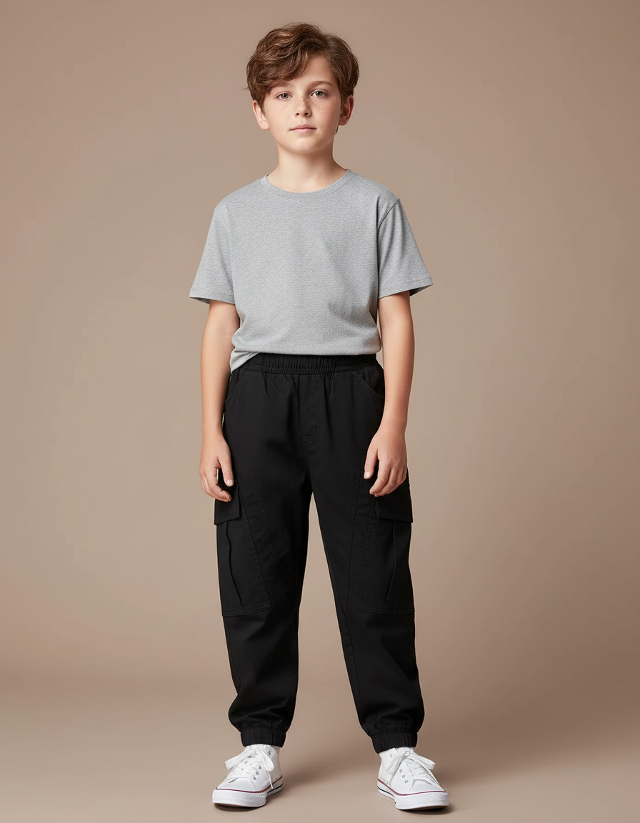 Pantalon Parachute Noir Cargo Coton Enfant Garçon