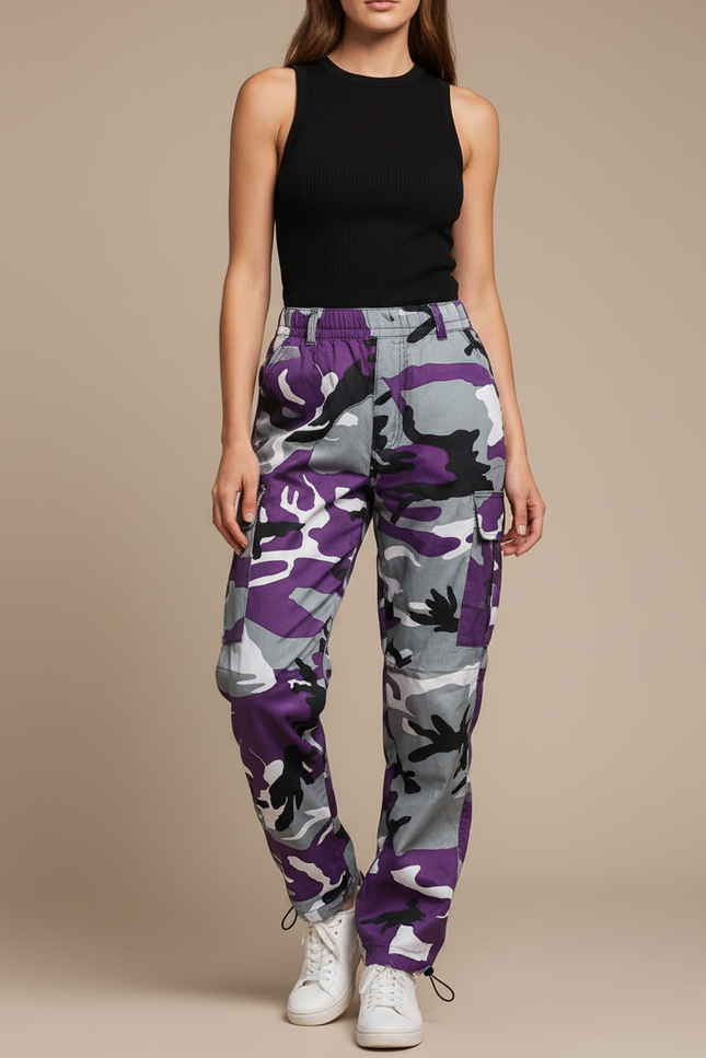 Pantalon Parachute Camouflage Violet Gris Cargo Ample - Toile