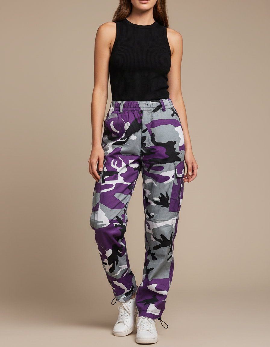 Pantalon Parachute Camouflage Violet Gris Cargo Ample - Toile