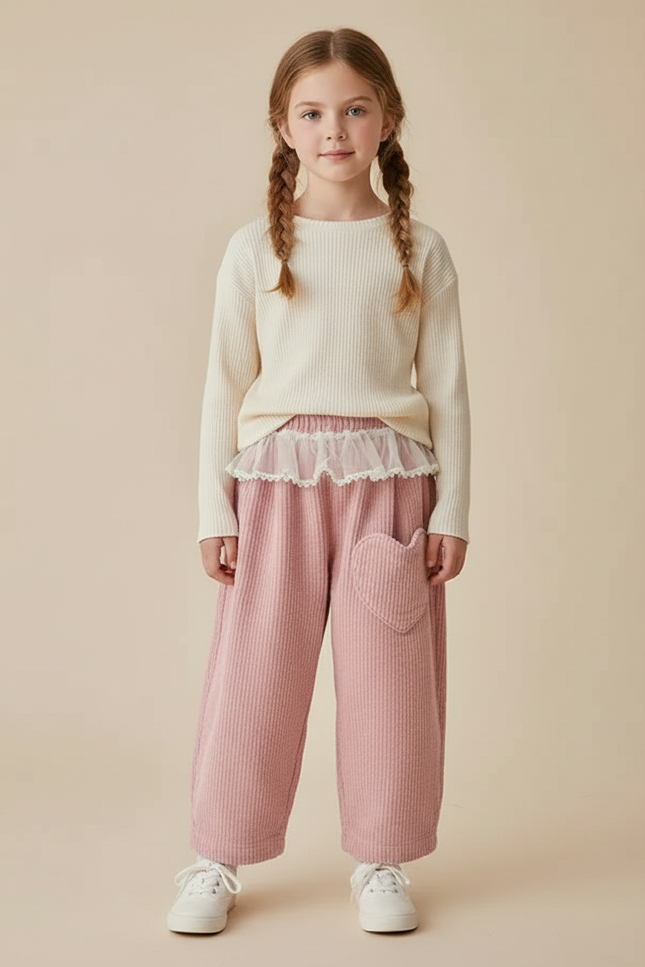 Pantalon Parachute Rose Côtelé Ample Cœur Fille - Cordé