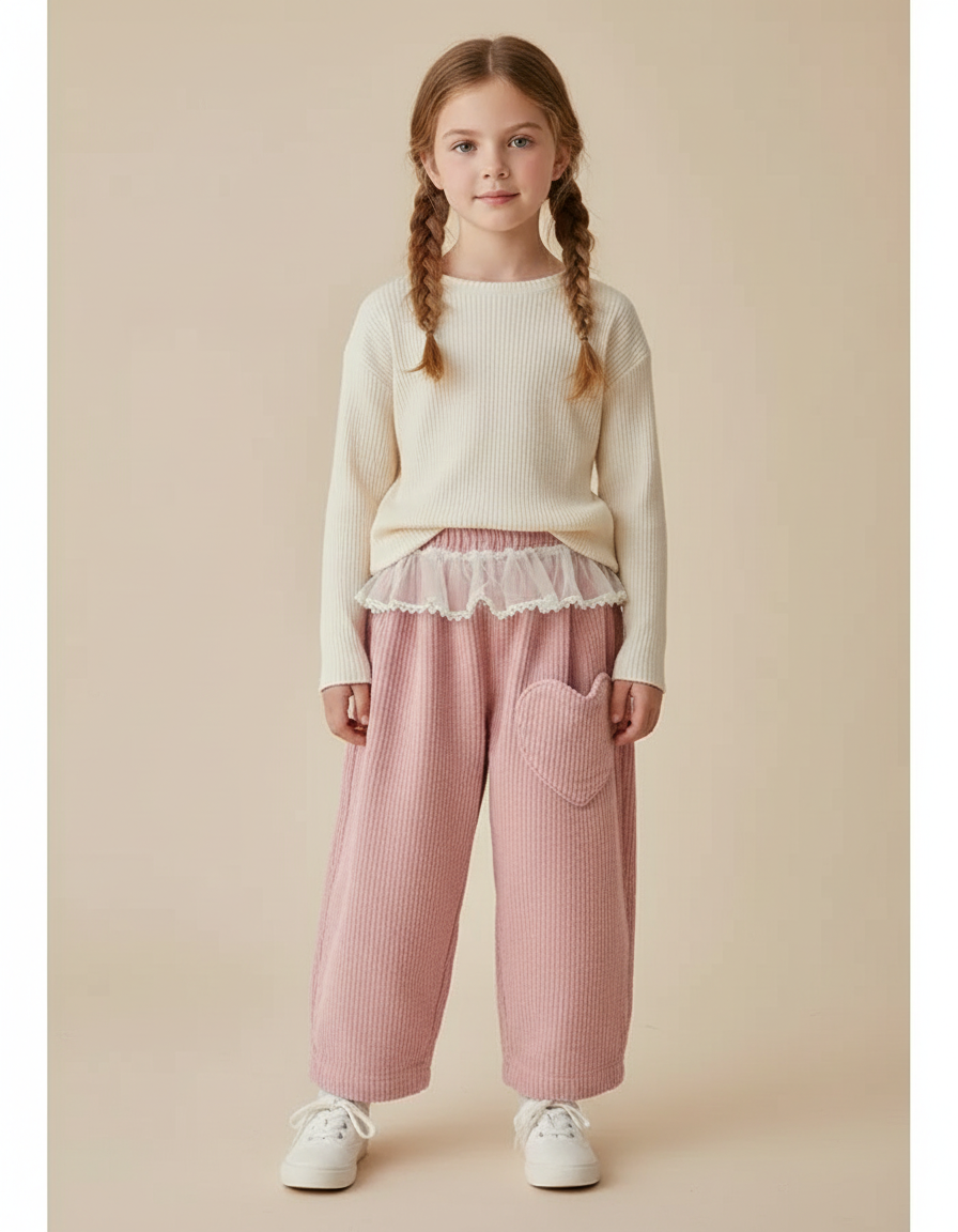Pantalon Parachute Rose Côtelé Ample Cœur Fille - Cordé