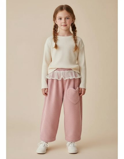 Pantalon Parachute Rose Côtelé Ample Cœur Fille - Cordé